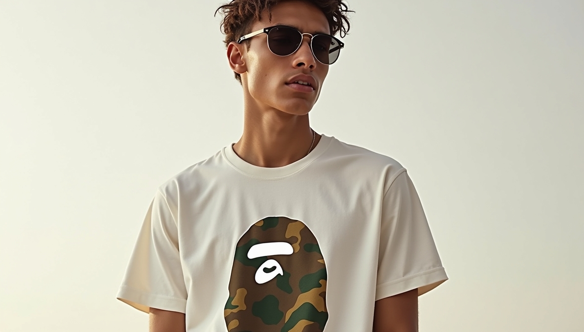 Streetwear editorial banner highlighting BAPE T-shirts